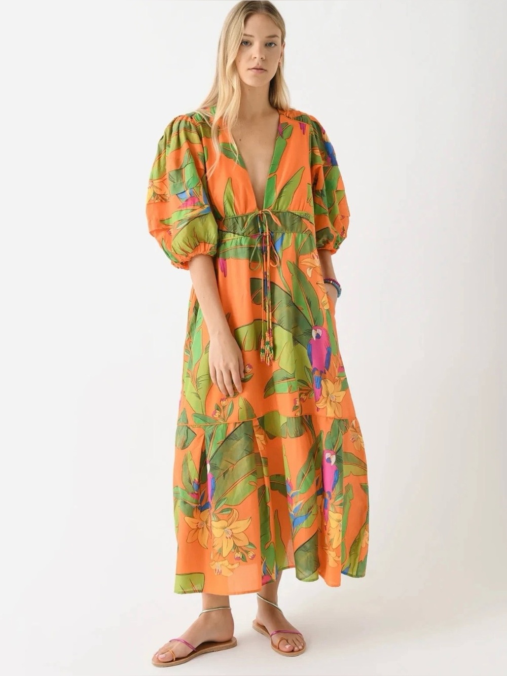 FARM Rio Orange Tropical Maxi Dress with Green Leaf Print